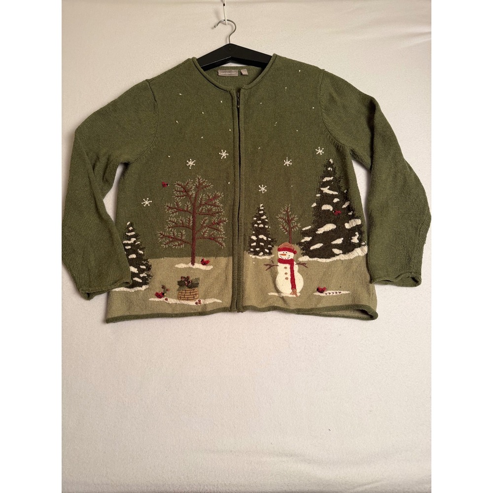 Croft & Barrow Christmas Snowman Cardinal Zip Front Sweater Green Large